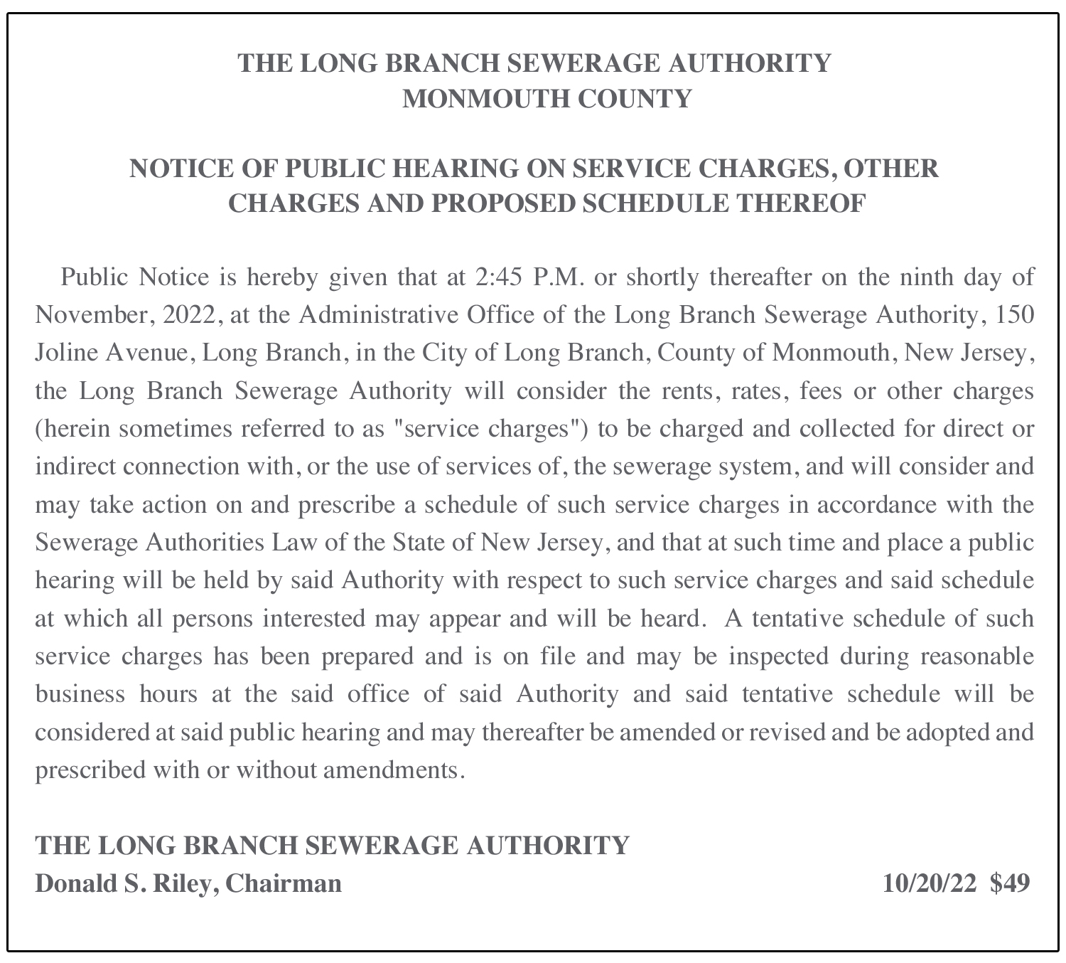 Long Branch Sewerage Authority Notice of Public Hearing – The Link News 