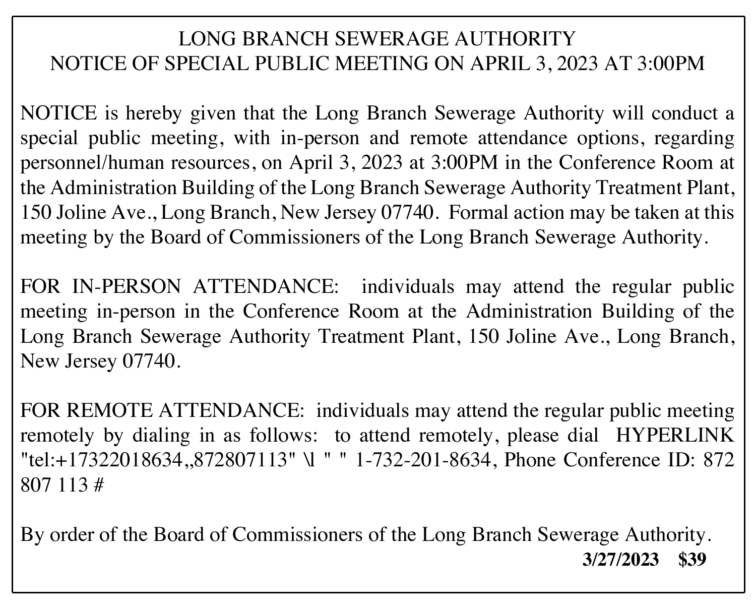 Long Branch Sewerage Authority April 3 Meeting – The Link News 