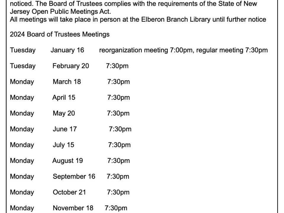 Long Branch Library Board of Trustees 2024 Meeting Notice – The